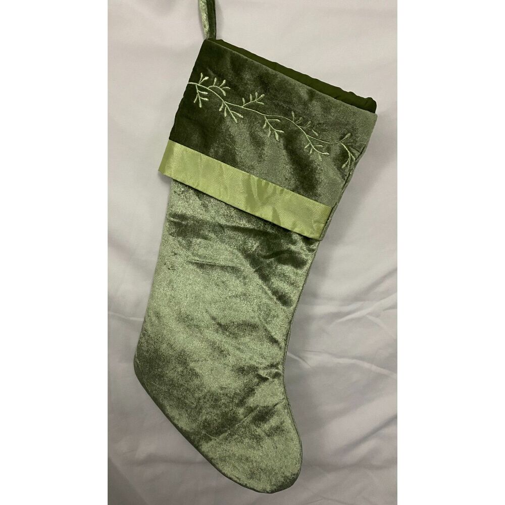 Christmas Stocking Tone on Tone Greens Floral Leaves Embroidery on Cuff